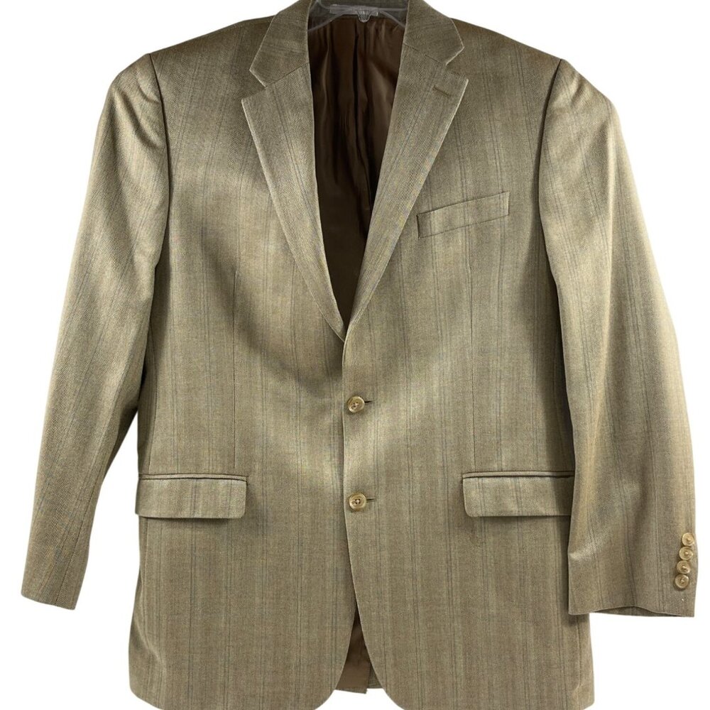 Mens Beige Striped Blazer Jacket 2-Button Single-Breasted Classic Fit Size 42R